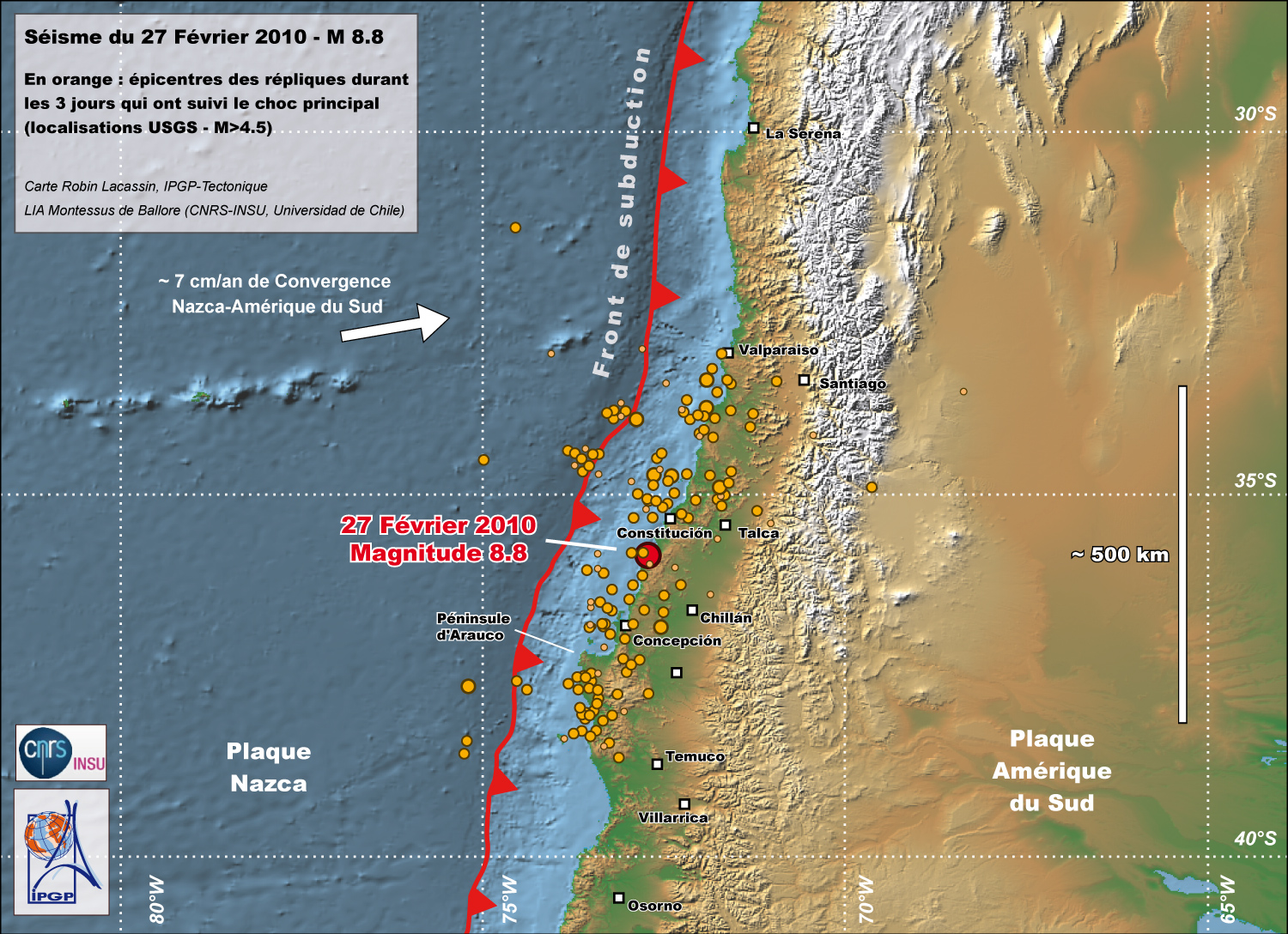 Carte des épicentres du choc principal et des répliques.