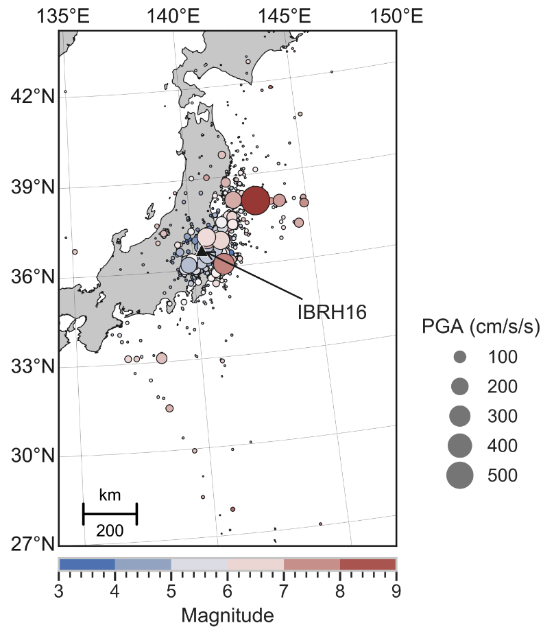 PGA at Japan wrt magnitude of events