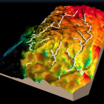 Modèle numérique de terrain et son réseau hydrographique obtenu par un algorithme de routage. Les couleurs sont associées à l'altitude allant de 0 à 420 mètres. (© Daudon et al., 2020)