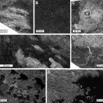 Quelques exemples de terrains sur Titan observés sur les images SAR de Cassin, comprenant (A) des chaines de montagnes entourées de plaines, (B) des plaines indifférenciées, (C) un cratère d'impact, (D) des dunes, (E) des rivières, (F) des petits lacs et (G) un zoom sur la seconde plus grande mer, Ligeia Mare. Les images SAR sont acquises pendant les survols de Titan (A, B) T43 en mai 2008, (C) T77 en juin 2011, (D) T21 en décembre 2006, (E) T44 en mai 2008, (F) T19 en octobre, et enfin (G) T28 en avril 2007. Remarquez que les survols de Titan sont notés avec l'abréviation de la cible " T " et le numéro de survol.