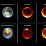 Images de Titan ont été prises par le télescope spatial James Webb de la NASA le 11 juillet 2023 (rangée du haut) et par les observatoires terrestres W.M. Keck le 14 juillet 2023 (rangée du bas). Elles montrent des nuages de méthane apparaissant à différentes altitudes dans l'hémisphère nord de Titan.