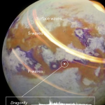"Seismic wave propagation across Titan's surface. Illustration: D. Tessier & L. Delaroque. Base image: NASA/JPL-Caltech/University of Nantes/University of Arizona. Adapted from ETH Zurich/D. Kim, M. van Driel, C. Böhm.
